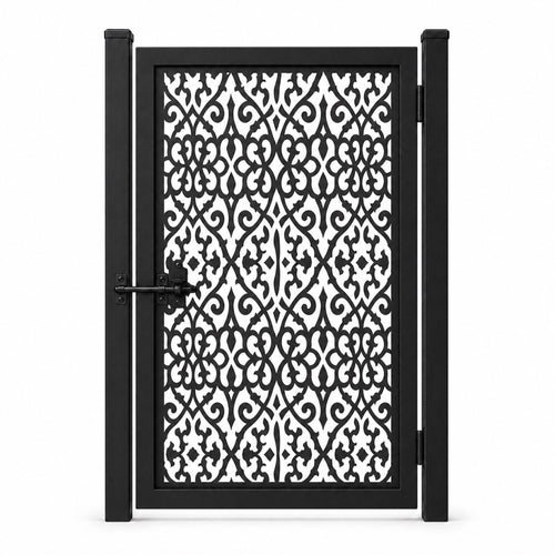 Design 051 dense mirror scrollwork black laser cut metal pedestrian gate closed view