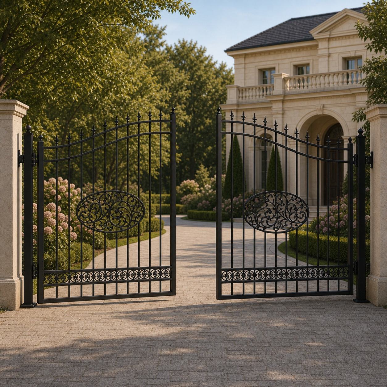 EONE Design 051 heavy duty estate gate with center rosette shown 30 degrees open for driveway entry view