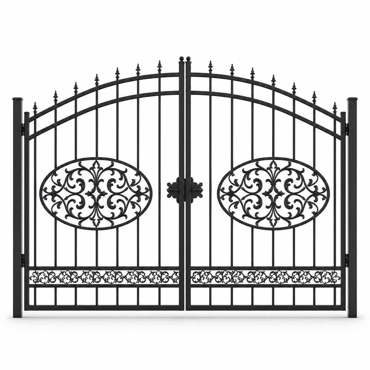 EONE Design 051 heavy duty estate gate with center rosette shown as a closed double swing estate driveway gate