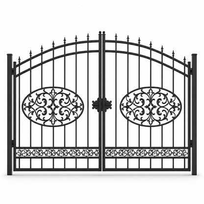 EONE Design 051 heavy duty estate gate with center rosette shown as a closed double swing estate driveway gate