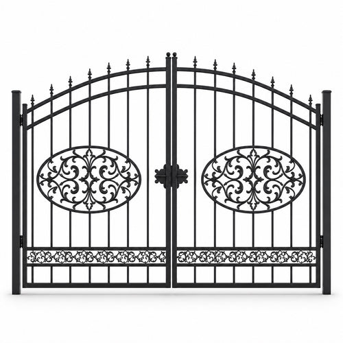EONE Design 051 heavy duty estate gate with center rosette shown as a closed double swing estate driveway gate
