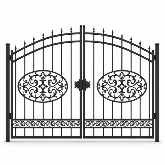 EONE Design 051 heavy duty estate gate with center rosette shown as a closed double swing estate driveway gate