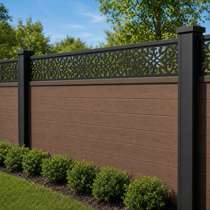 Lace Scrollwork laser cut fence extension panel installed on composite fence, angle view, Design 051