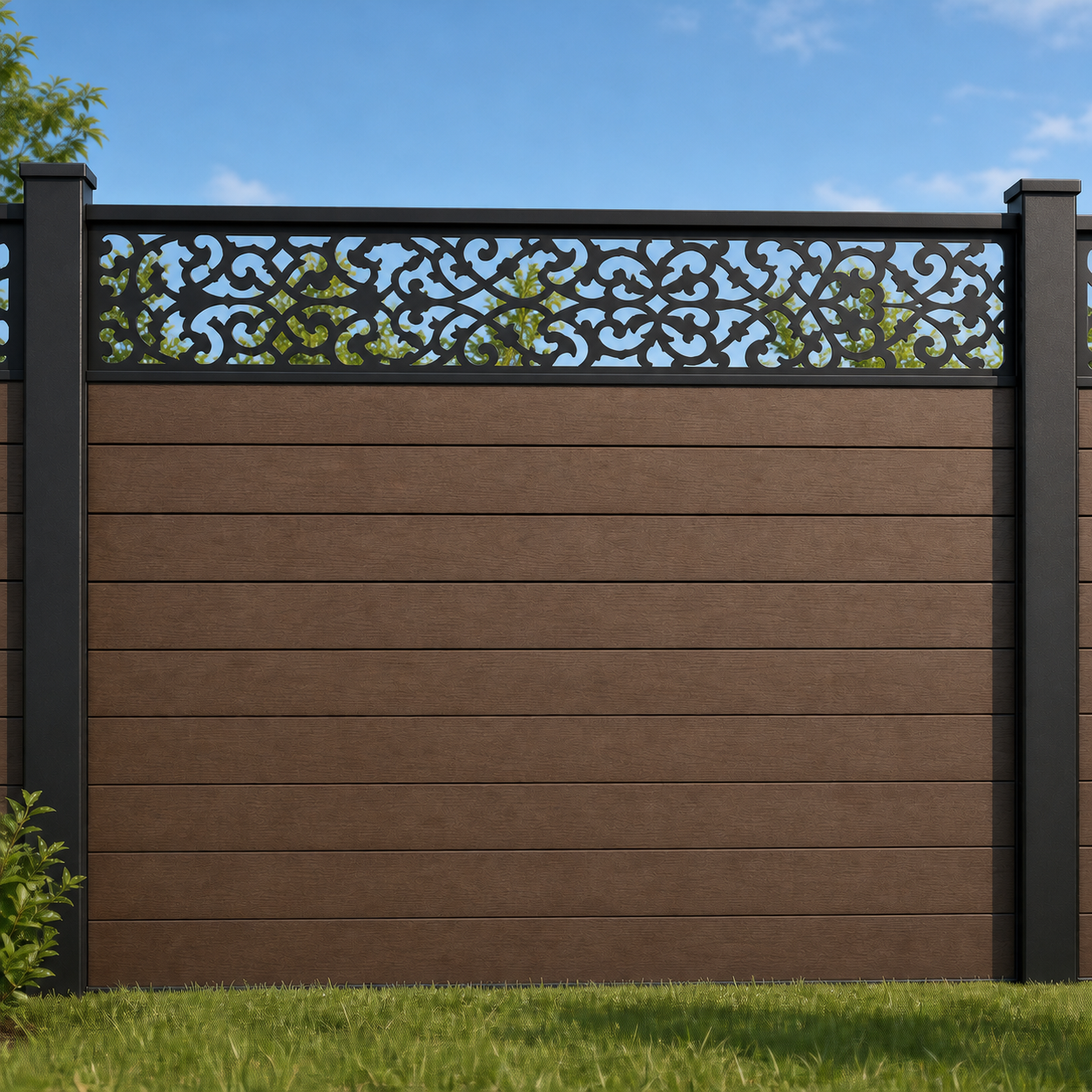 Lace Scrollwork metal fence topper installed above WPC composite privacy fence, front view, Design 051