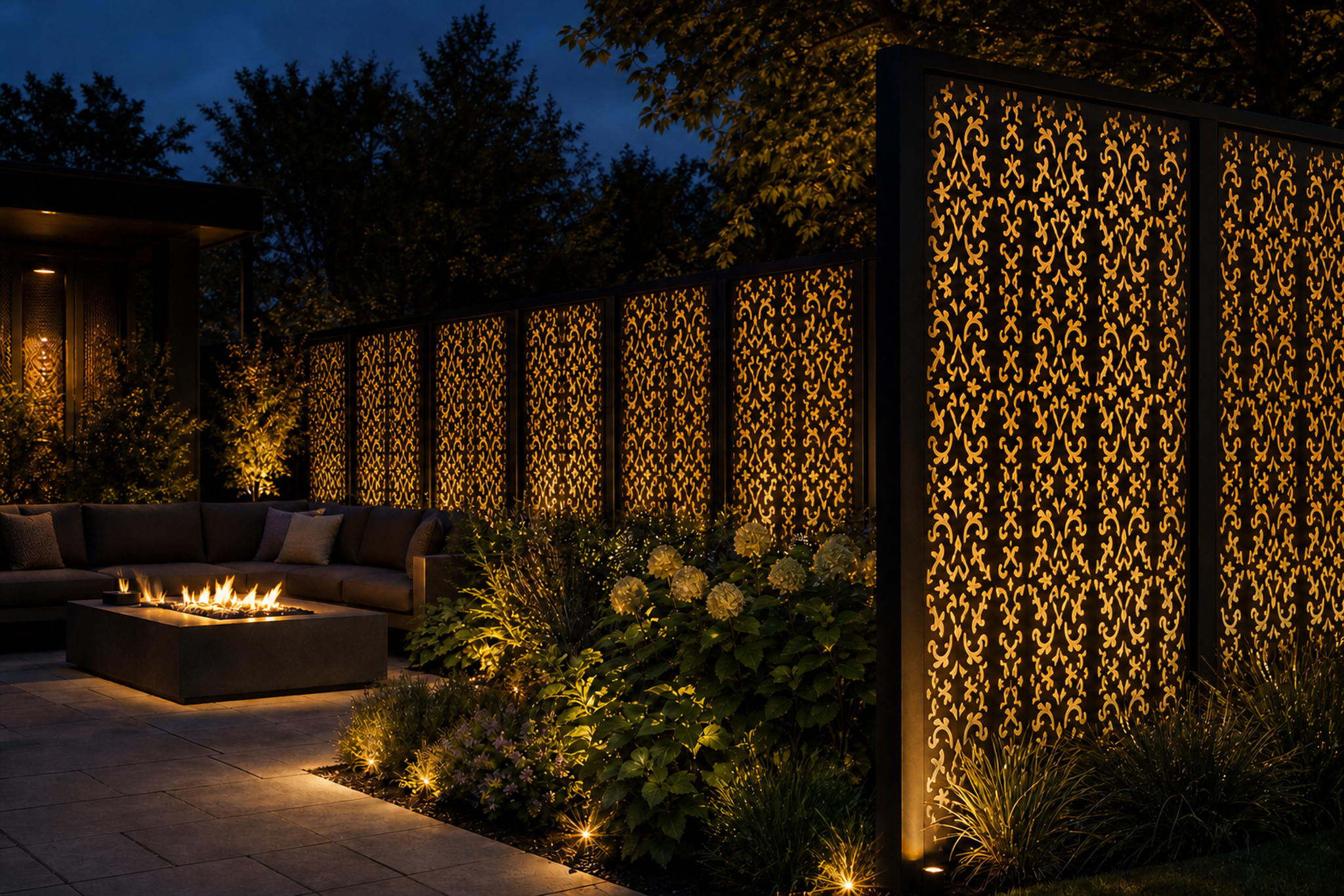 Design 051 Lace Scrollwork Laser Cut Metal Privacy Screen Panel installed garden night lighting view