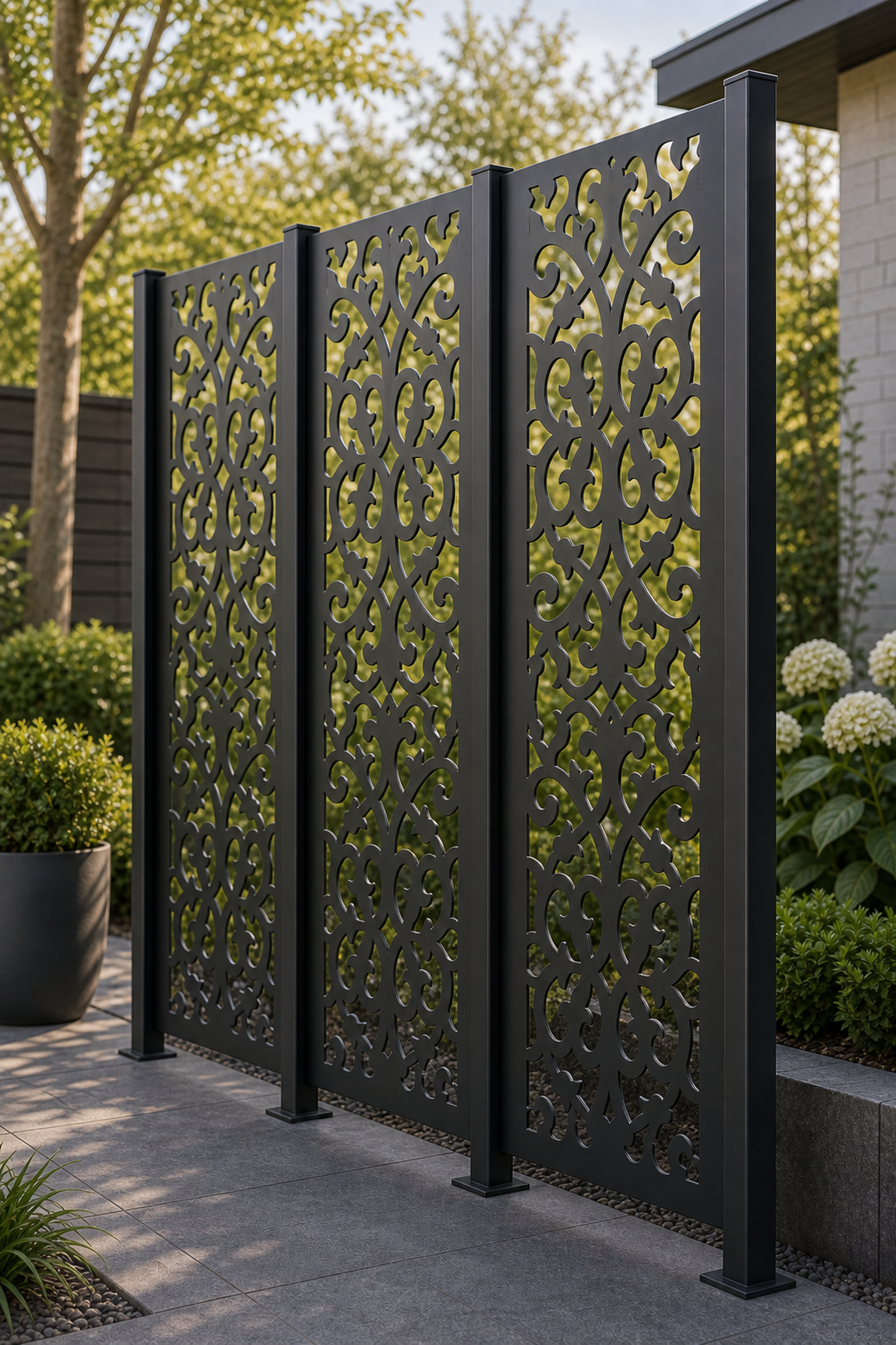 Design 051 Lace Scrollwork Laser Cut Metal Privacy Screen Panel oblique angle view