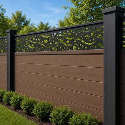 Double Wave Vine laser cut fence extension panel installed on composite fence, angle view, Design 052
