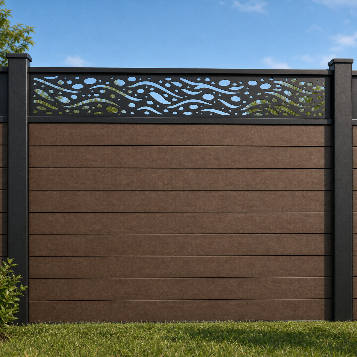 Double Wave Vine metal fence topper installed above WPC composite privacy fence, front view, Design 052