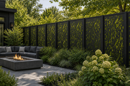 Design 052 River Pebble Waves Laser Cut Metal Privacy Screen Panel installed garden daylight view
