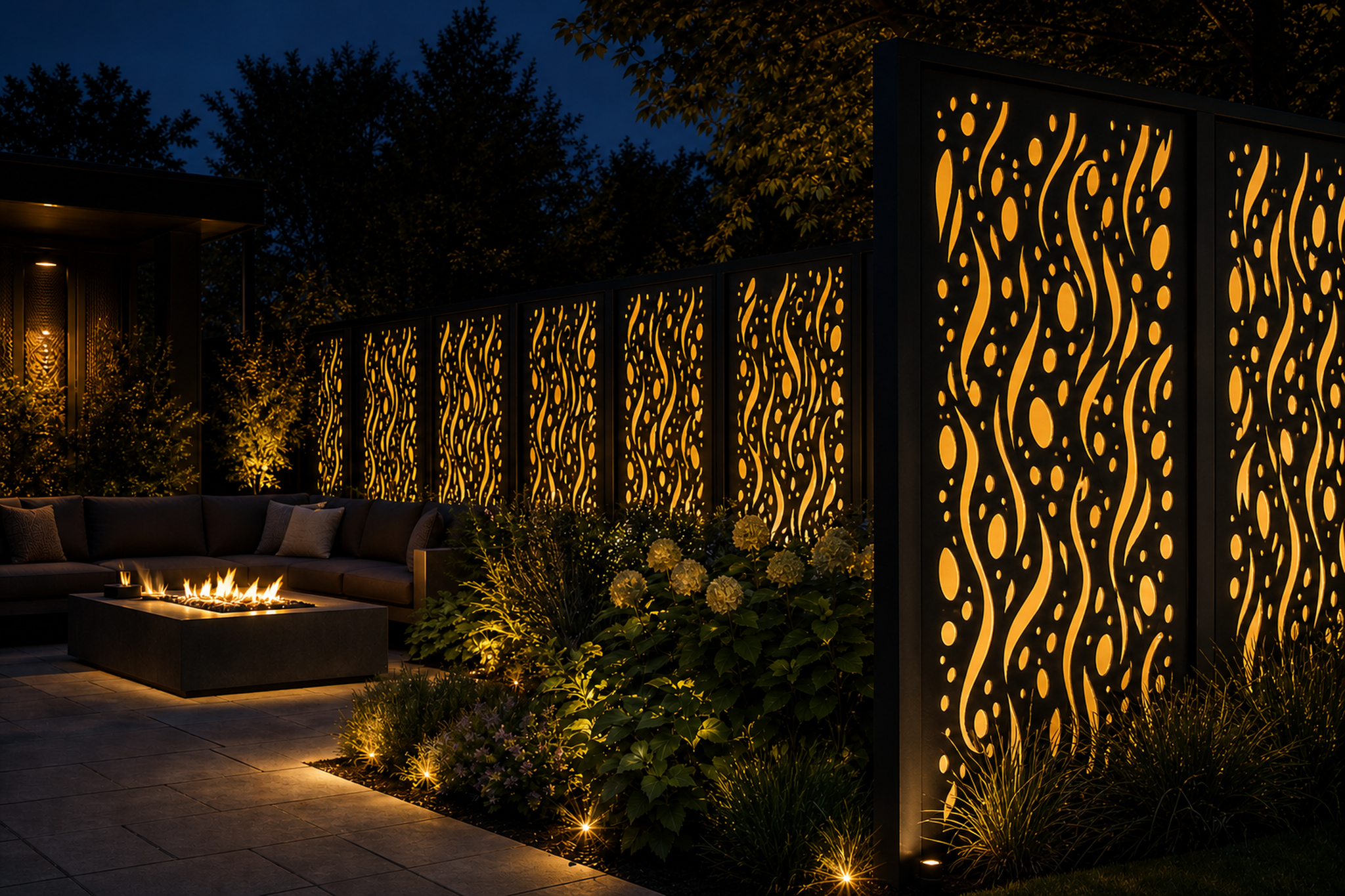 Design 052 River Pebble Waves Laser Cut Metal Privacy Screen Panel installed garden night lighting view