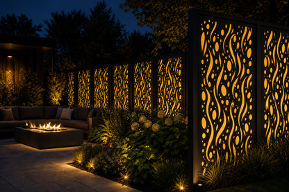 Design 052 River Pebble Waves Laser Cut Metal Privacy Screen Panel installed garden night lighting view