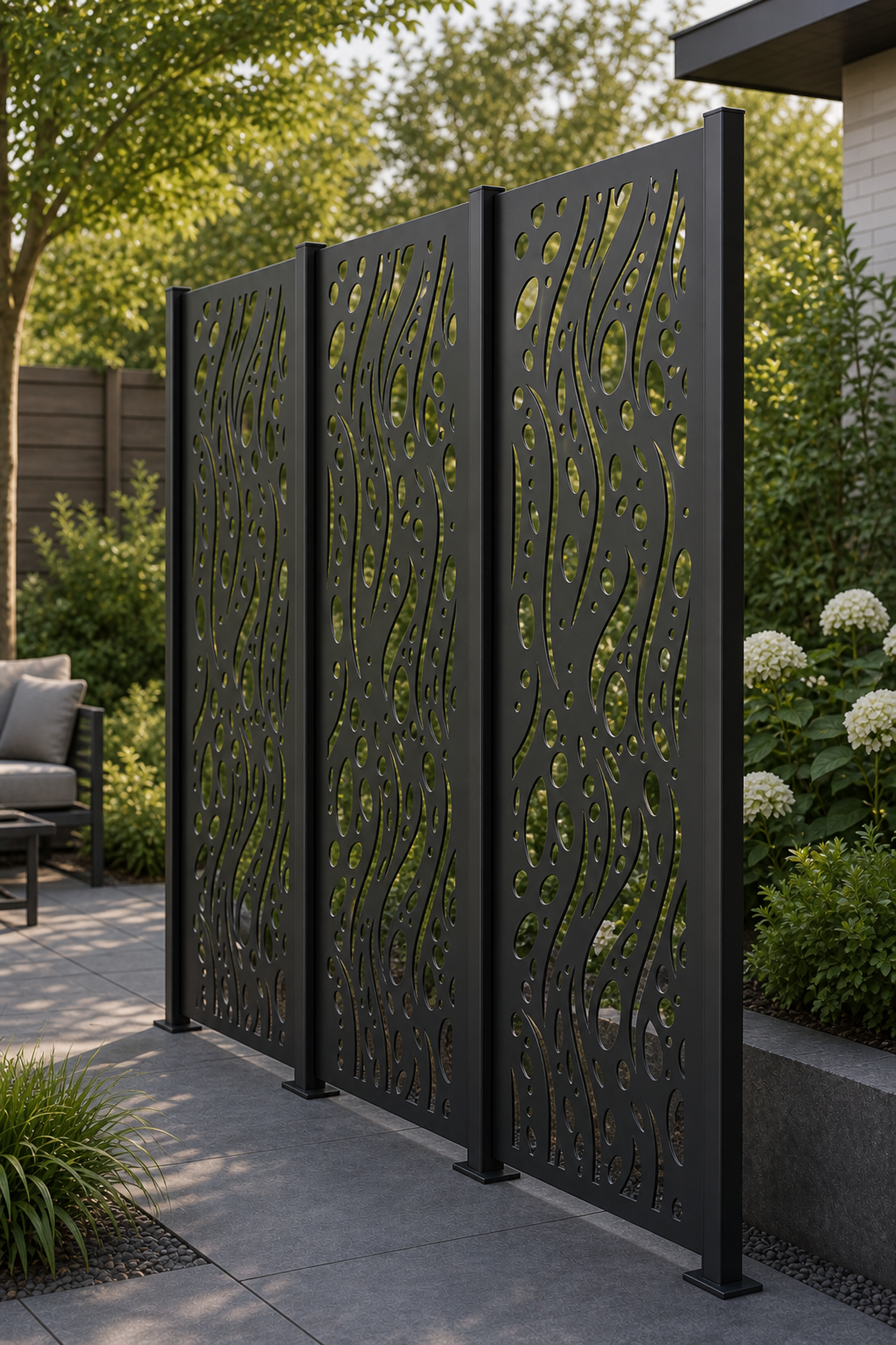 Design 052 River Pebble Waves Laser Cut Metal Privacy Screen Panel oblique angle view