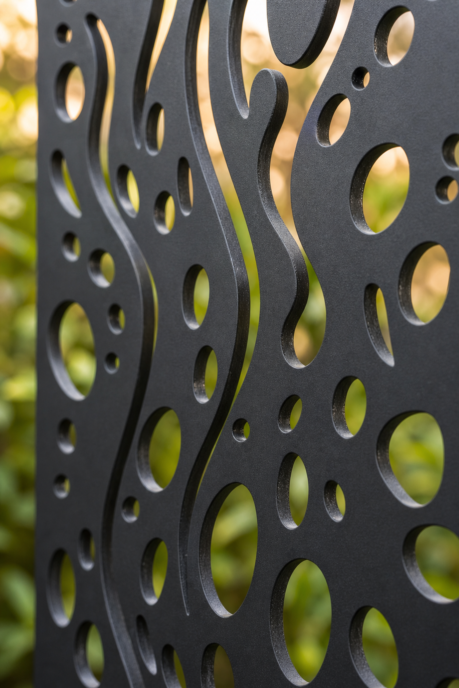 Design 052 River Pebble Waves Laser Cut Metal Privacy Screen Panel close-up detail view