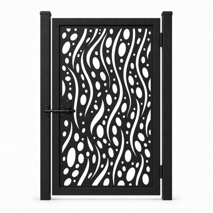 Design 052 wave bubble black laser cut metal pedestrian gate closed view