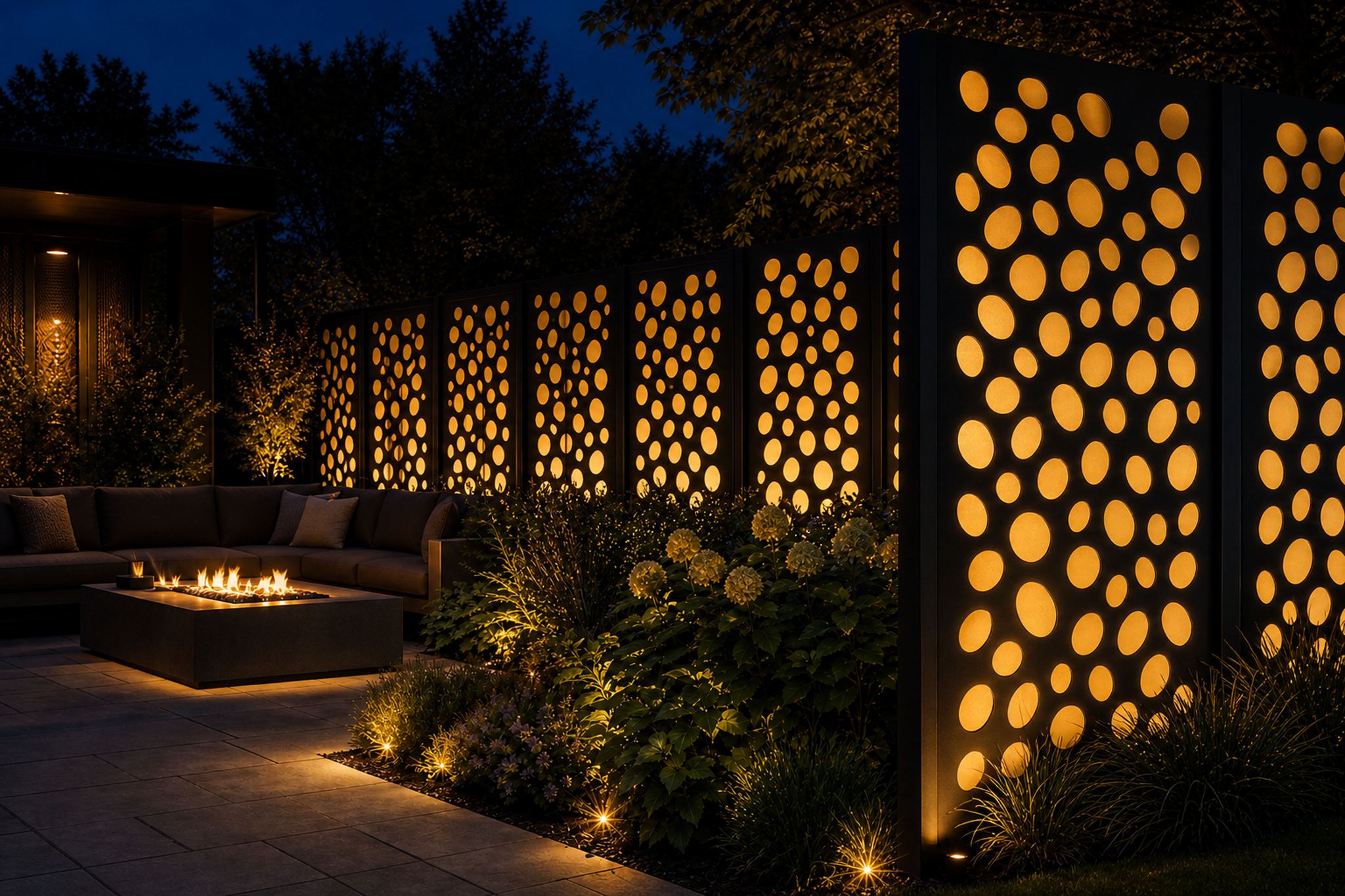 Design 053 Bubble Pebble Laser Cut Metal Privacy Screen Panel installed garden night lighting view