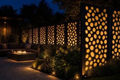 Design 053 Bubble Pebble Laser Cut Metal Privacy Screen Panel installed garden night lighting view