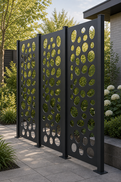 Design 053 Bubble Pebble Laser Cut Metal Privacy Screen Panel oblique angle view
