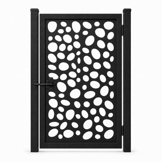 Design 053 pebble oval black laser cut metal pedestrian gate closed view