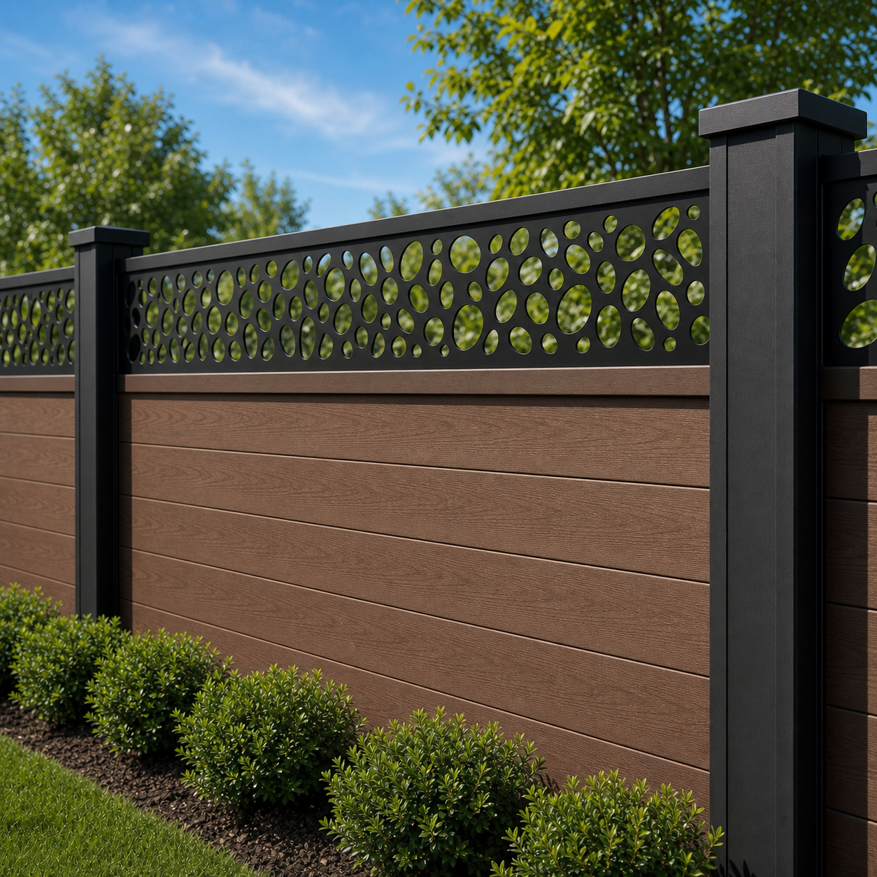Round Pebble Lattice laser cut fence extension panel installed on composite fence, angle view, Design 053