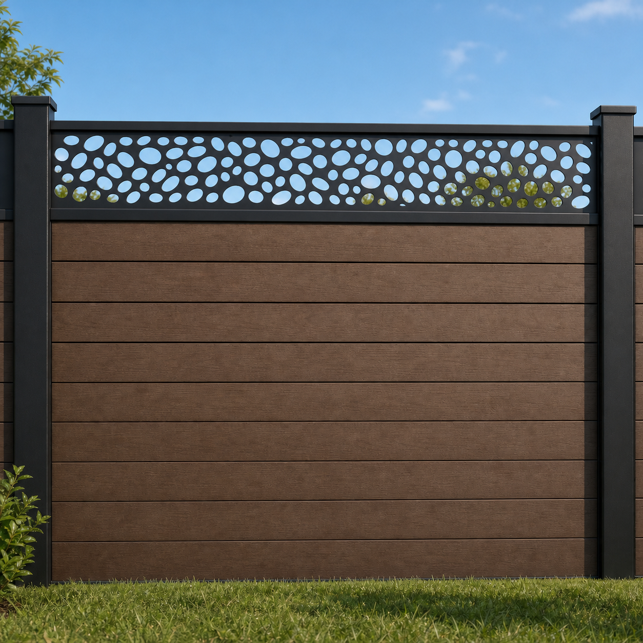 Round Pebble Lattice metal fence topper installed above WPC composite privacy fence, front view, Design 053