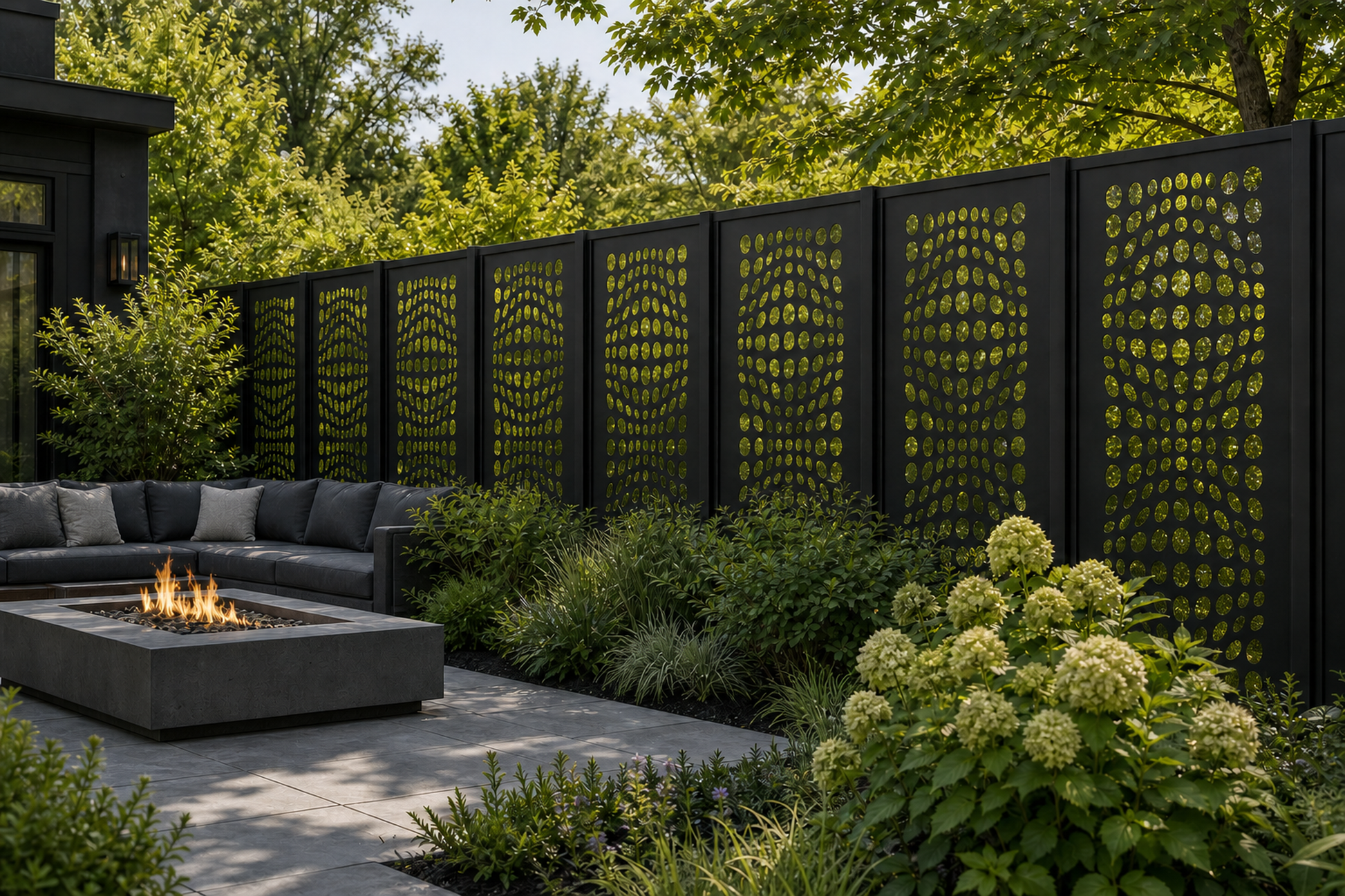 Design 054 Dot Gradient Laser Cut Metal Privacy Screen Panel installed garden daylight view