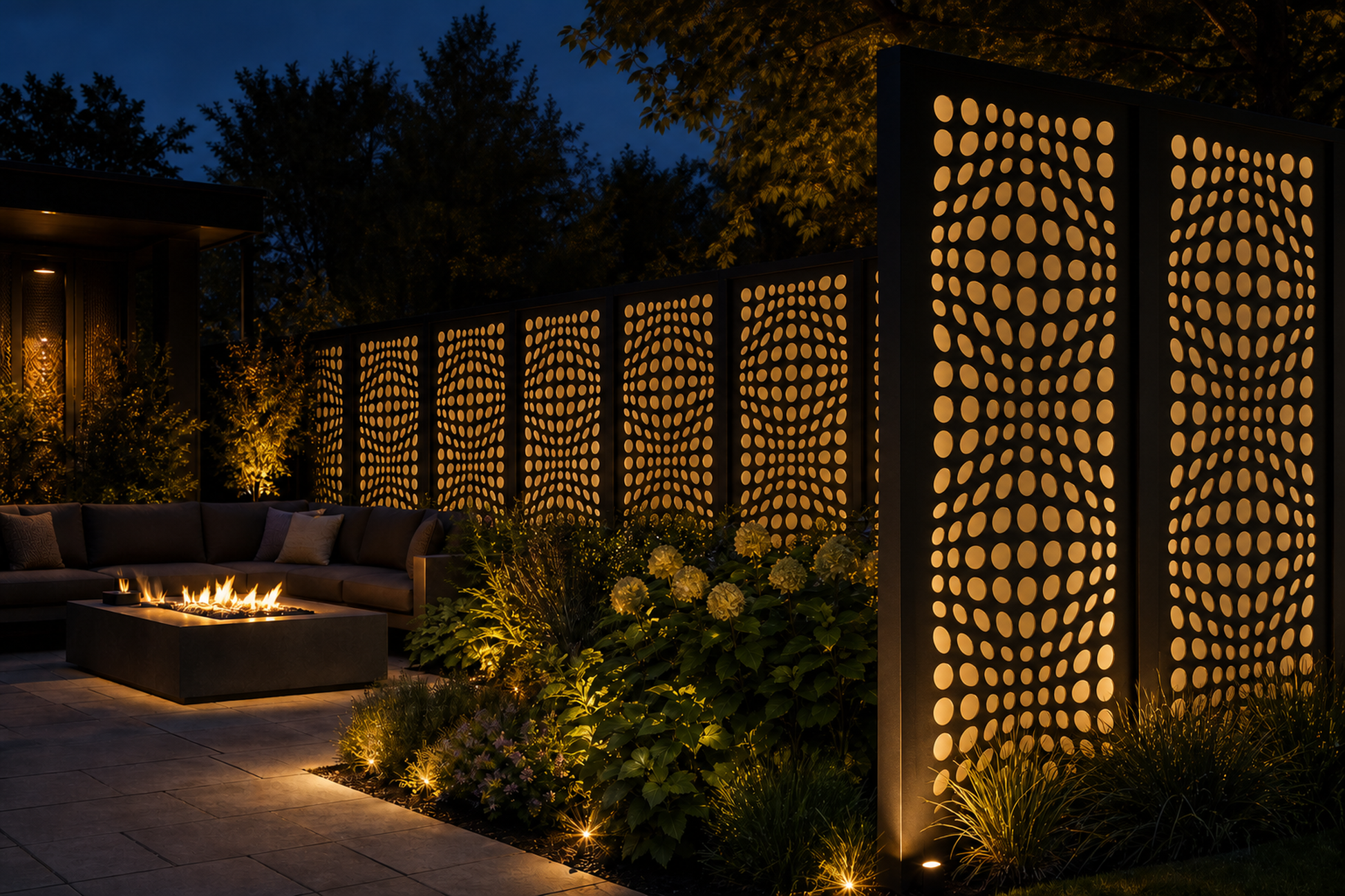 Design 054 Dot Gradient Laser Cut Metal Privacy Screen Panel installed garden night lighting view