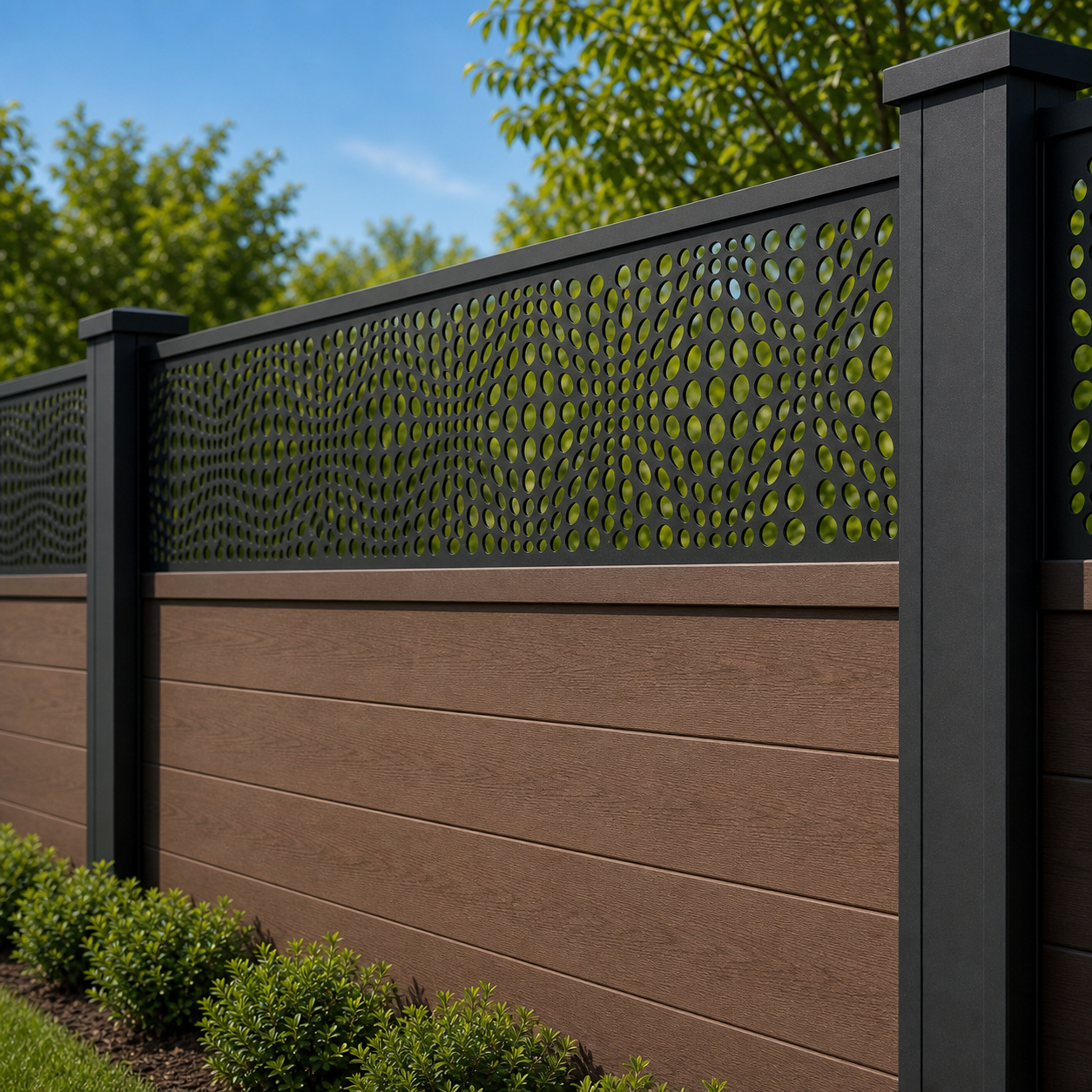 Micro Rectangle Mesh laser cut fence extension panel installed on composite fence, angle view, Design 054