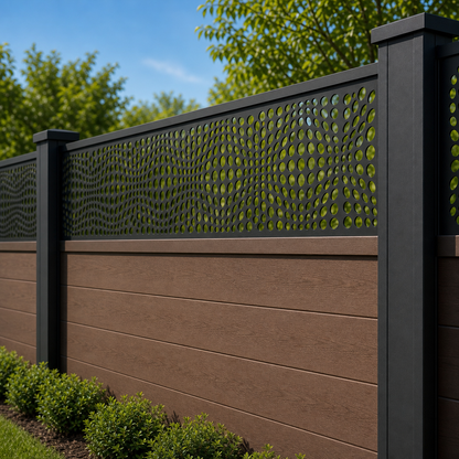 Micro Rectangle Mesh laser cut fence extension panel installed on composite fence, angle view, Design 054