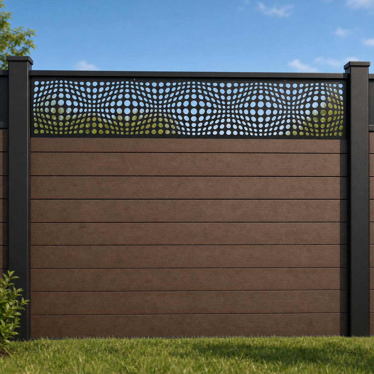 Micro Rectangle Mesh metal fence topper installed above WPC composite privacy fence, front view, Design 054
