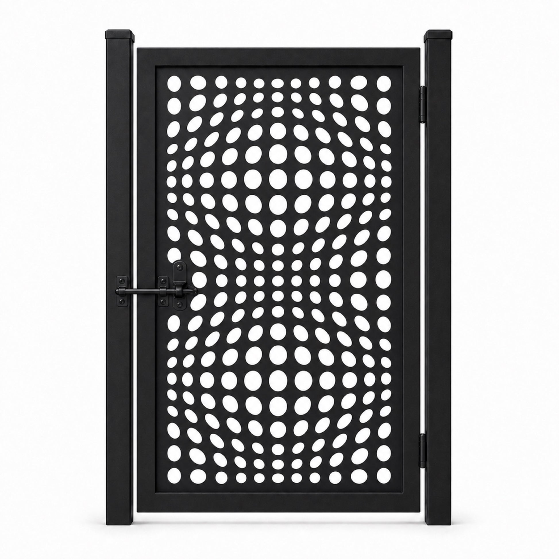 Design 054 wave oval array black laser cut metal pedestrian gate closed view