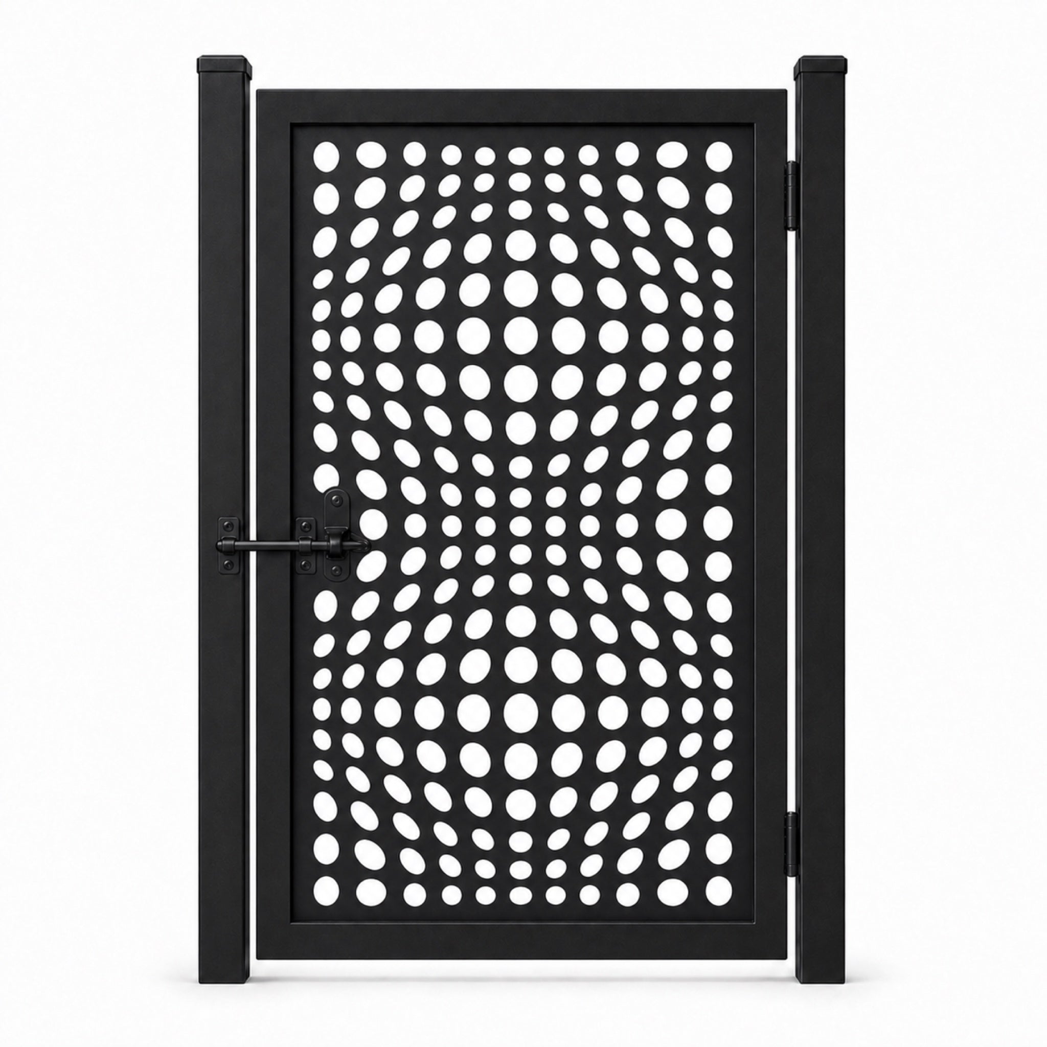 Design 054 wave oval array black laser cut metal pedestrian gate closed view