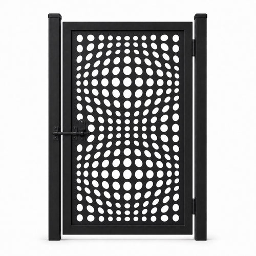 Design 054 wave oval array black laser cut metal pedestrian gate closed view