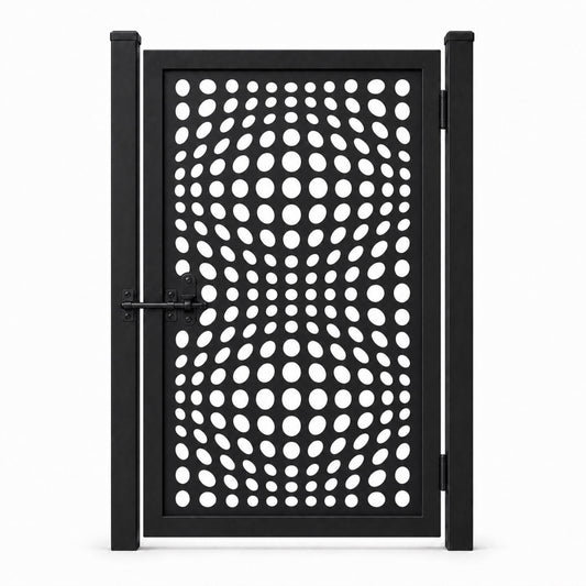 Design 054 wave oval array black laser cut metal pedestrian gate closed view