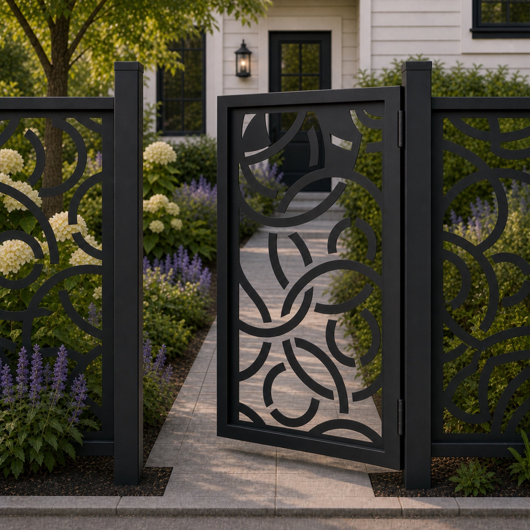 Design 055 abstract arc black aluminium side gate open view
