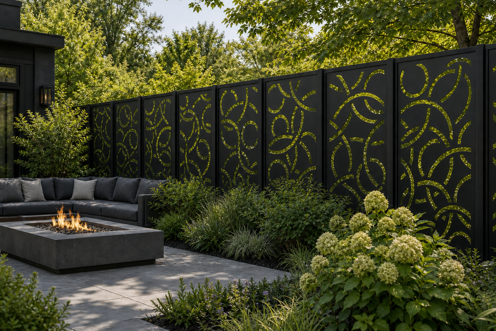 Design 055 Large Abstract Loops Laser Cut Metal Privacy Screen Panel installed garden daylight view
