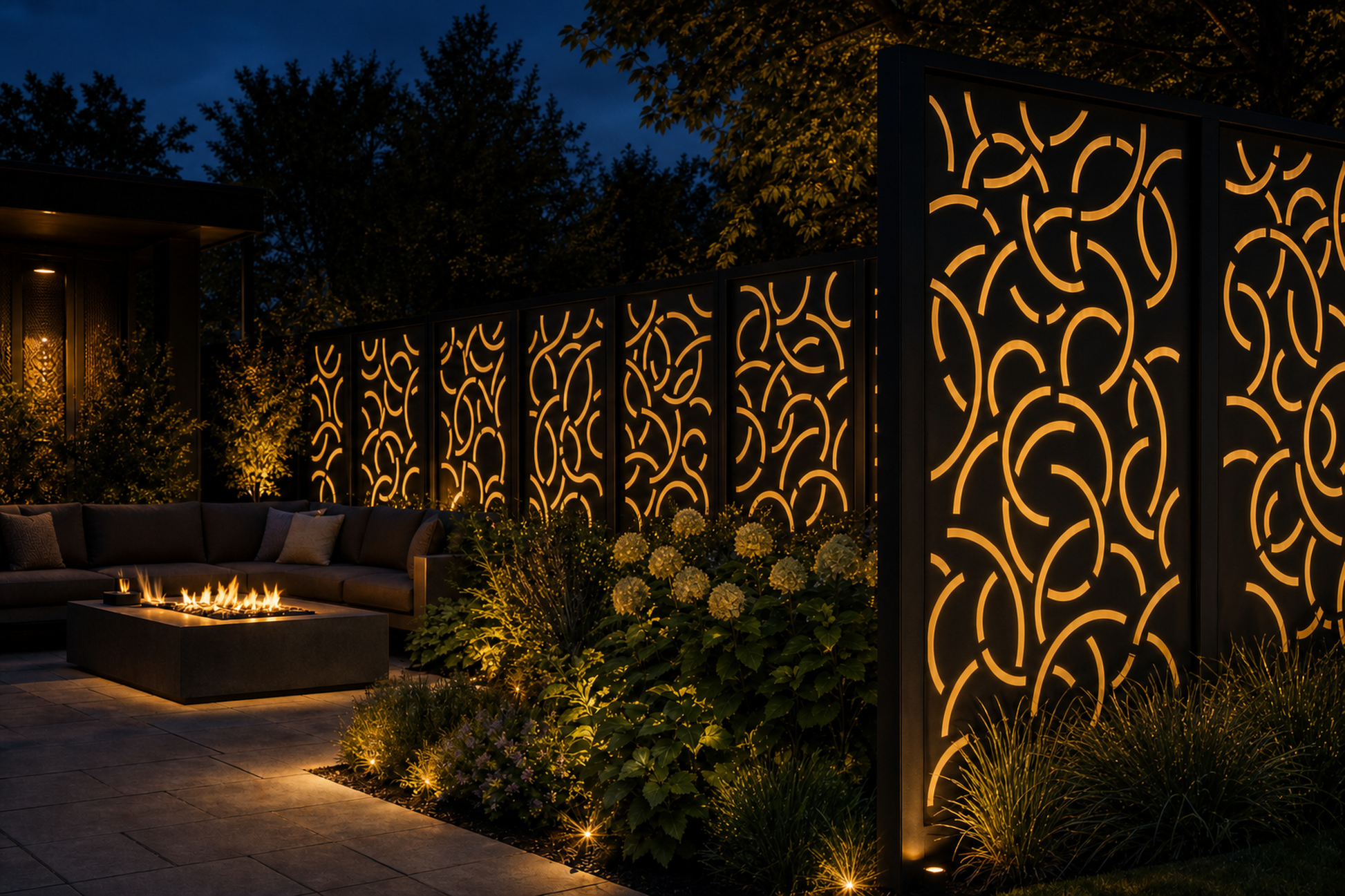 Design 055 Large Abstract Loops Laser Cut Metal Privacy Screen Panel installed garden night lighting view