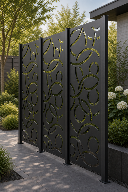 Design 055 Large Abstract Loops Laser Cut Metal Privacy Screen Panel oblique angle view