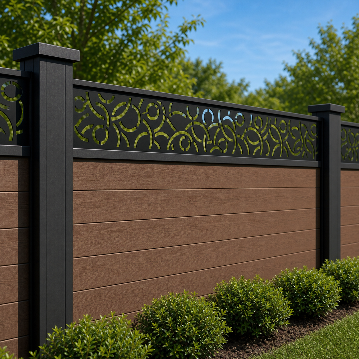 Lotus Scroll Border laser cut fence extension panel installed on composite fence, angle view, Design 055