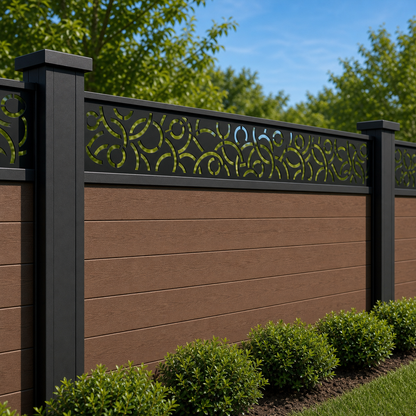Lotus Scroll Border laser cut fence extension panel installed on composite fence, angle view, Design 055