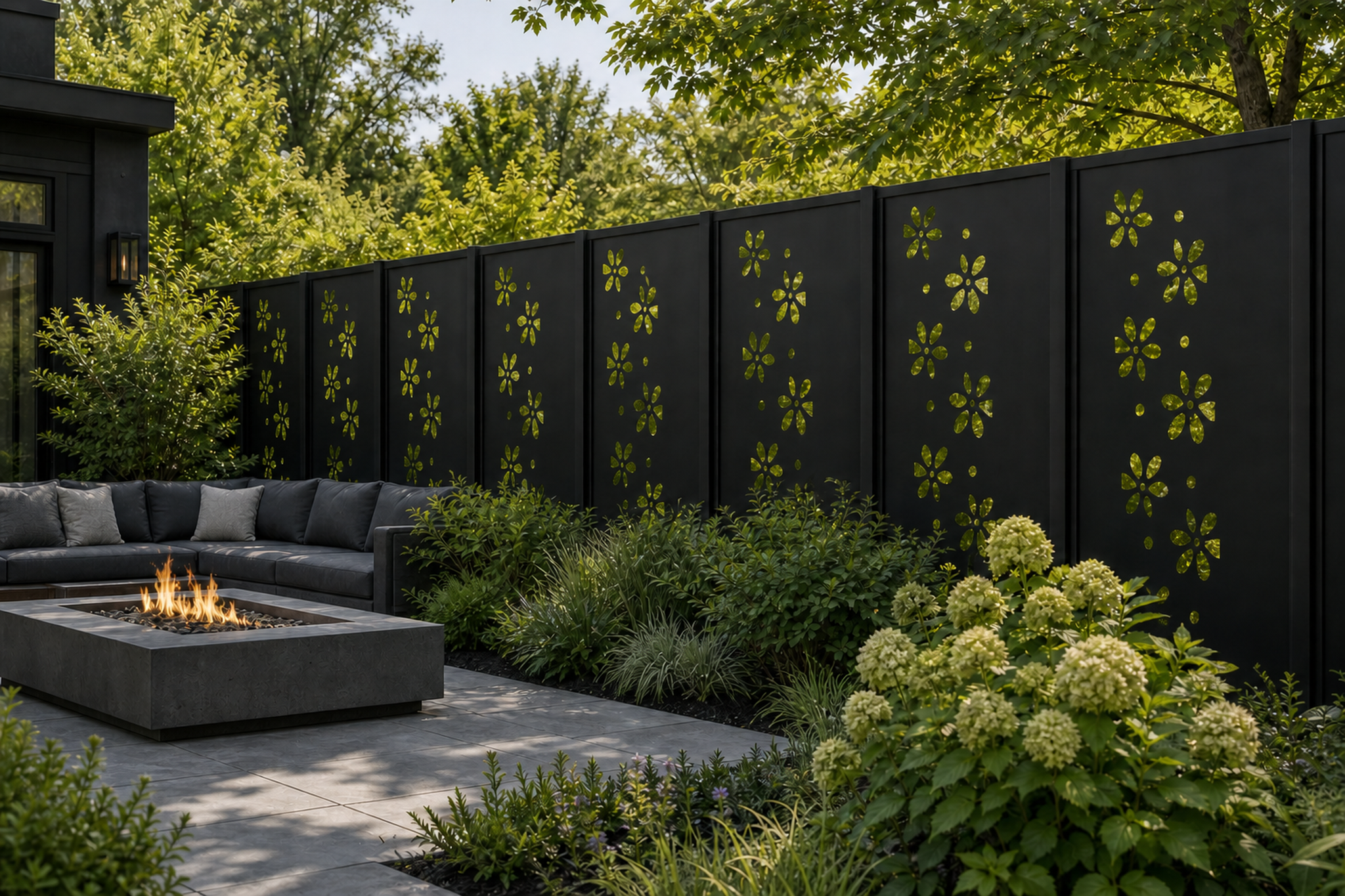 Design 056 Daisy Dot Laser Cut Metal Privacy Screen Panel installed garden daylight view