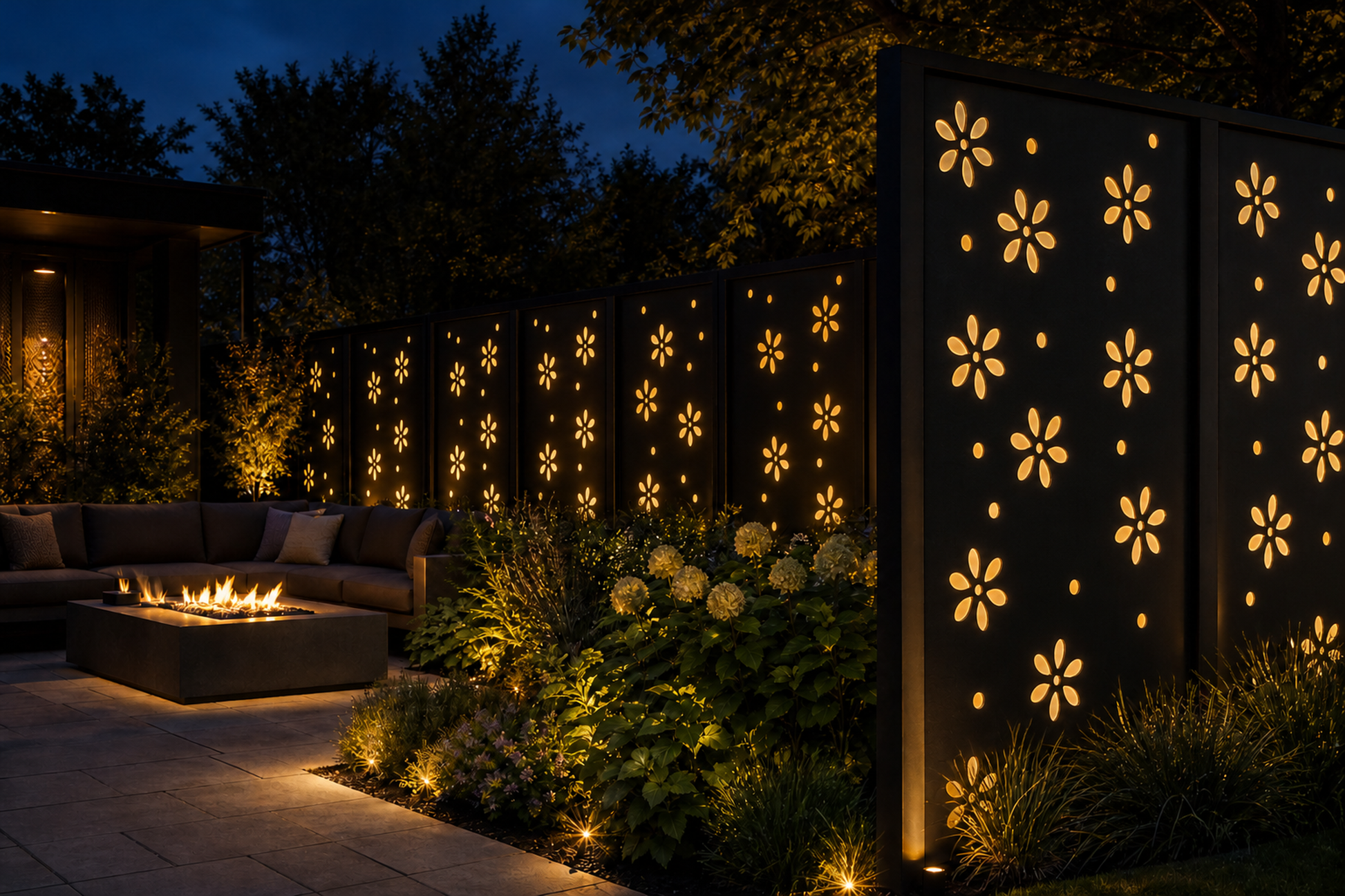 Design 056 Daisy Dot Laser Cut Metal Privacy Screen Panel installed garden night lighting view