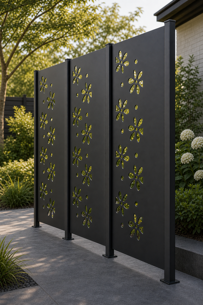 Design 056 Daisy Dot Laser Cut Metal Privacy Screen Panel oblique angle view