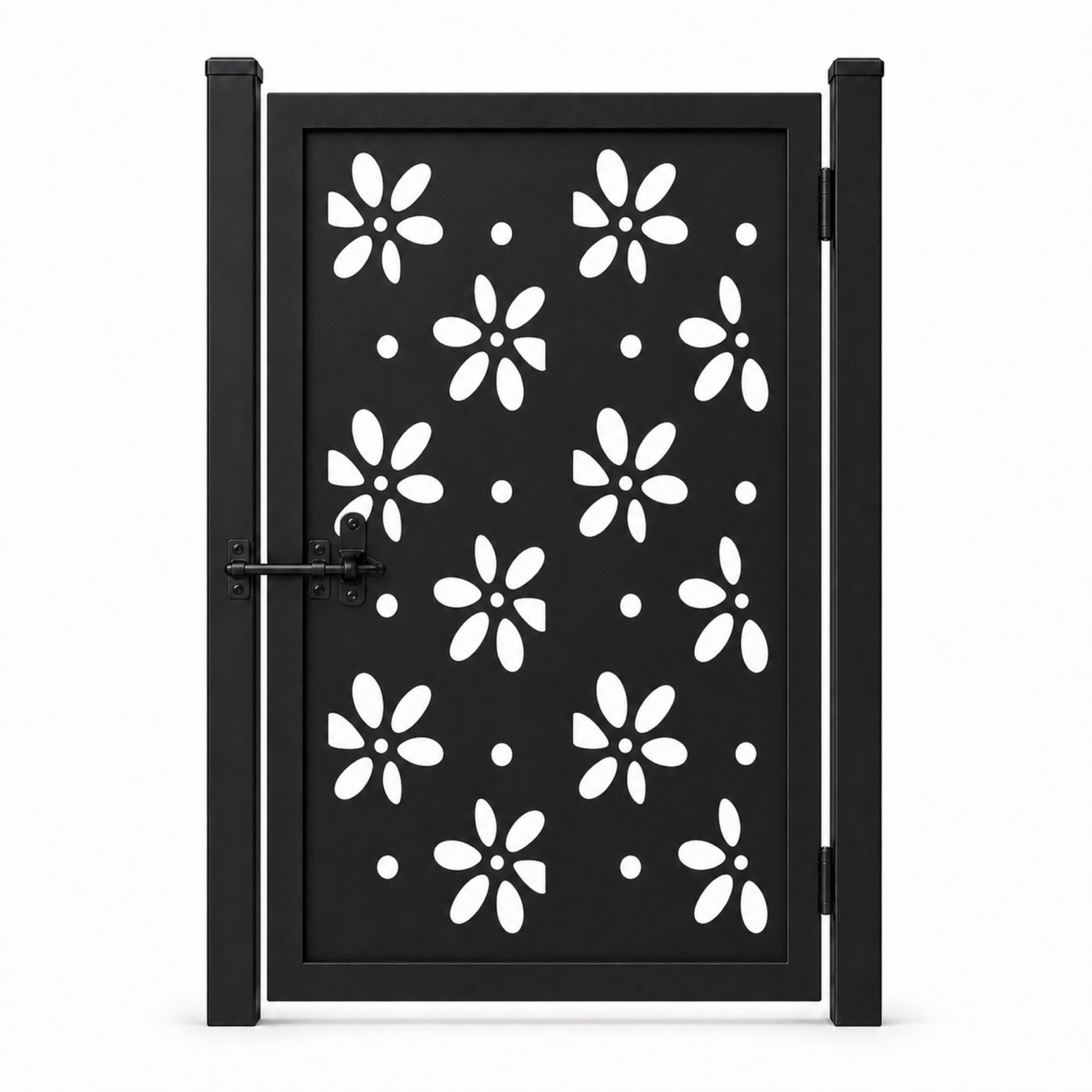 Design 056 open large floral black laser cut metal pedestrian gate closed view