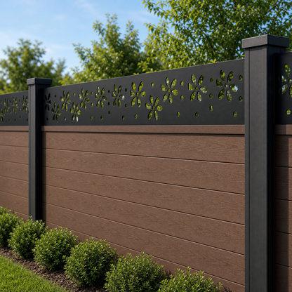 Star Dot Border laser cut fence extension panel installed on composite fence, angle view, Design 056