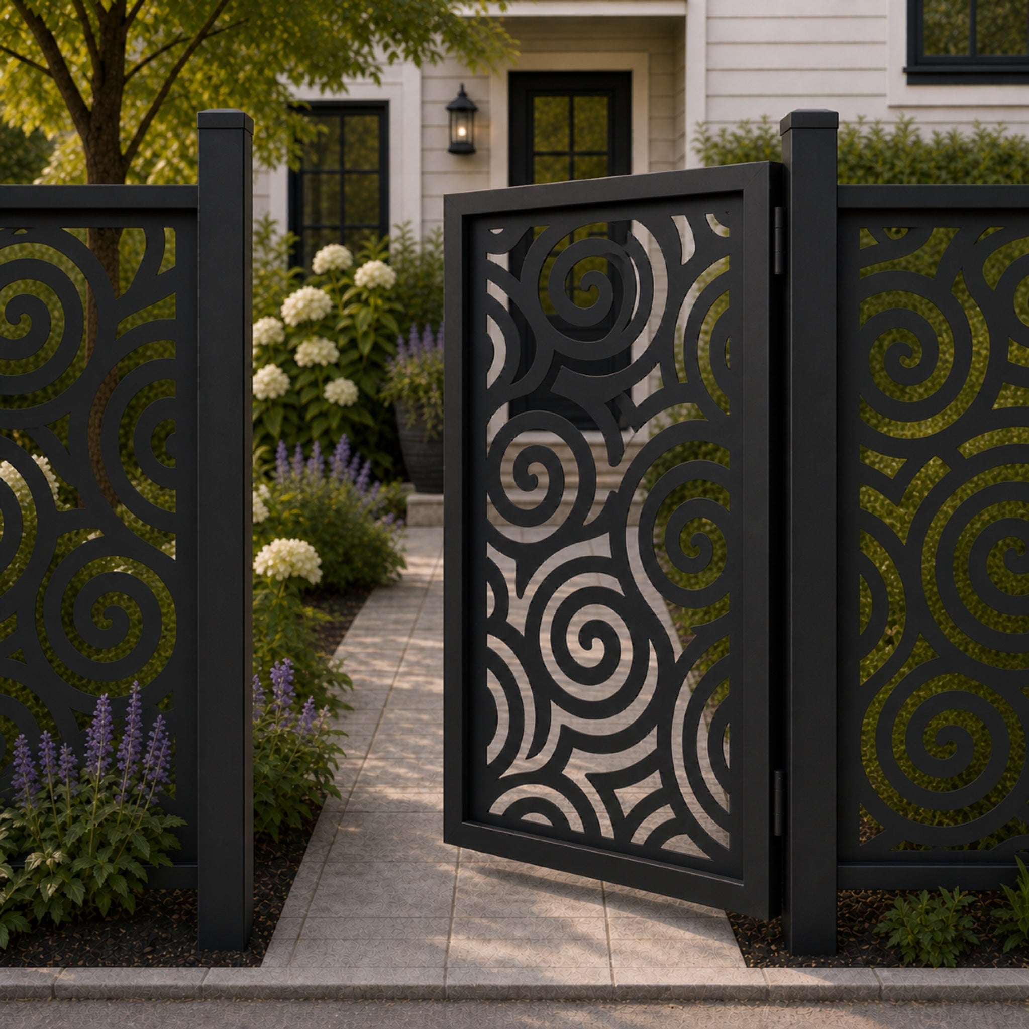Design 057 spiral broken arc black aluminium side gate open view