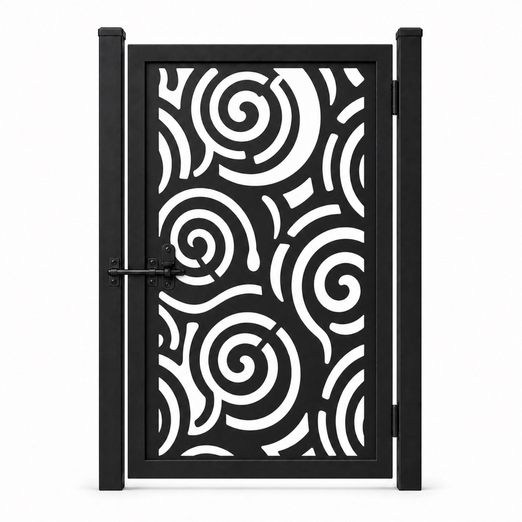 Design 057 spiral broken arc black laser cut metal pedestrian gate closed view