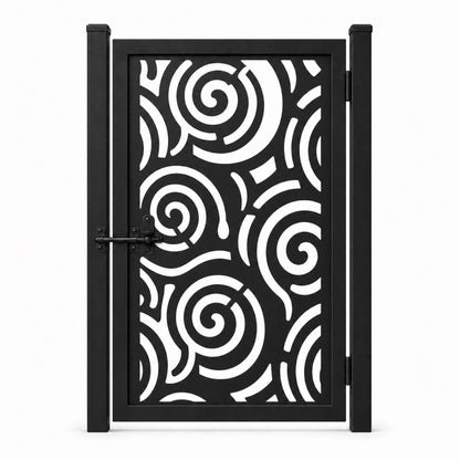 Design 057 spiral broken arc black laser cut metal pedestrian gate closed view
