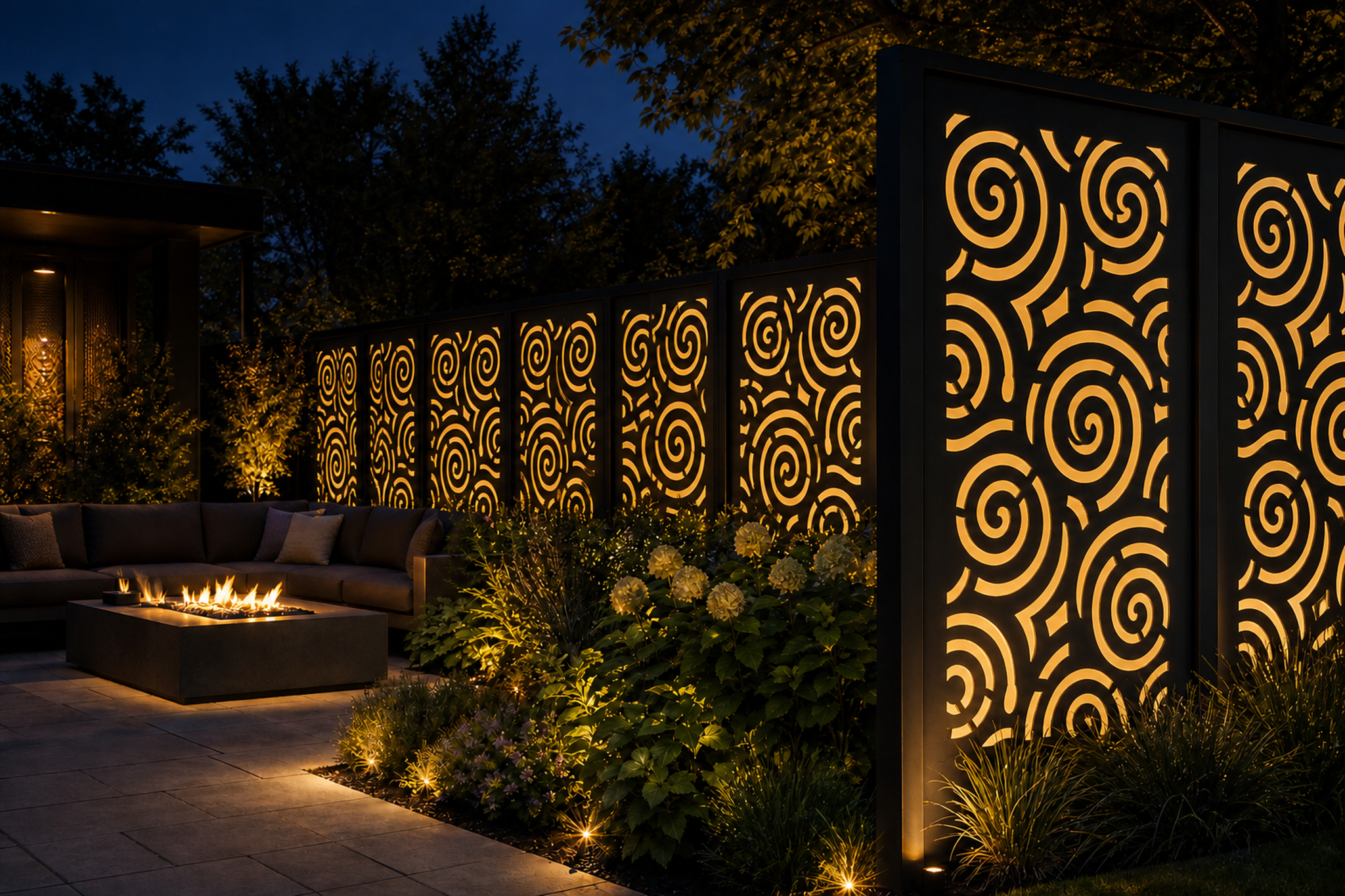 Design 057 Spiral Circles Laser Cut Metal Privacy Screen Panel installed garden night lighting view