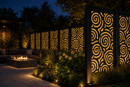 Design 057 Spiral Circles Laser Cut Metal Privacy Screen Panel installed garden night lighting view