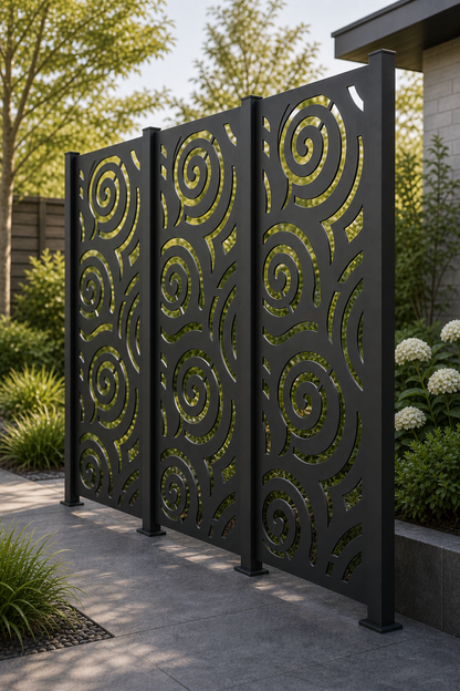 Design 057 Spiral Circles Laser Cut Metal Privacy Screen Panel oblique angle view